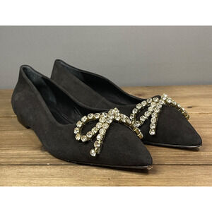 Larroude Women's Lee Crystal Embellished Flats Size 6 Black Suede Bow Pointy Toe
